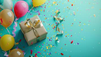 Colorful birthday scene with a wrapped gift photo