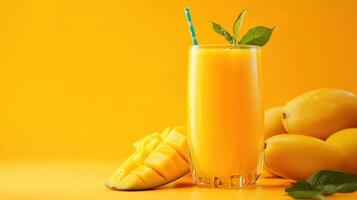 Ripe mango Fresh Juice set against a Yellow Background photo