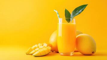 Ripe mango Fresh Juice set against a Yellow Background photo