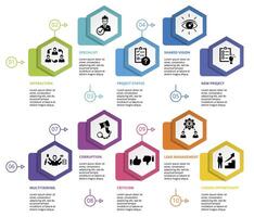 Infographic Management template. Icons in different colors. Include Lead Management, Criticism, Specialist, Interaction and others. vector