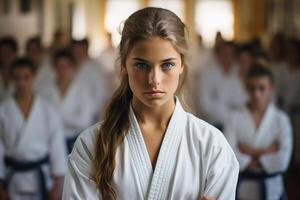 A focused young girl in a karate uniform with a black belt stands confidently at the forefront of her peers during training session. photo