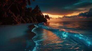 Bioluminescent glowing beach and sea at night. photo