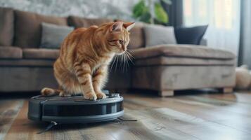 Funny cat sitting on the robot in the living room at home photo