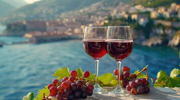 Two glasses of red wine and a grapevine photo