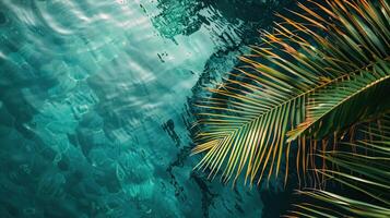 Top view of palm leaf on water background Tropical summer design inspiration photo