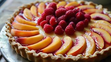 A tart with a slit cut out and topped with raspberries and peaches photo