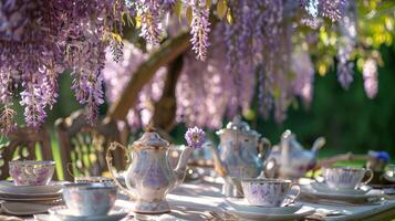 Bridgerton tea party table with wisteria photo