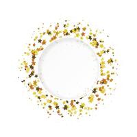 Round golden frame or border of random scattered golden stars isolated on white background. Design element for holiday banner. vector