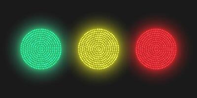 Bright glowing circles consisting of LEDs. Traffic lights of red, yellow and green colors. vector