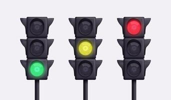 Set of realistic traffic lights in 3D style, isolated on a light background. vector