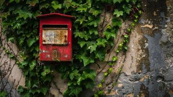 Red Mailbox Covered In Ivy On An Old Stone Wall photo