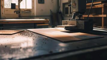 Woodworking Machine Cutting Wood in Industrial Workshop photo