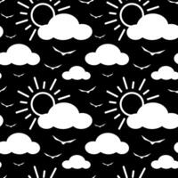 Monochrome retro seamless pattern with clouds. Black and white illustration of sky and cloudy weather. Dark background with clouds, sun and birds. vector