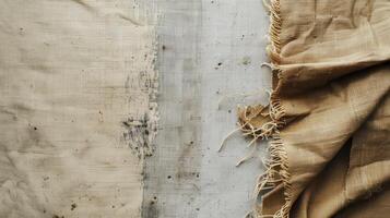 Close Up Of Frayed Beige Fabric On A White Surface photo