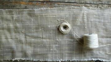 Raw Silk Fabric and Spools of Thread on Wooden Tabletop photo