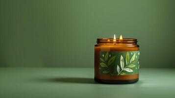 An amber candle with a green sage and lemon label photo