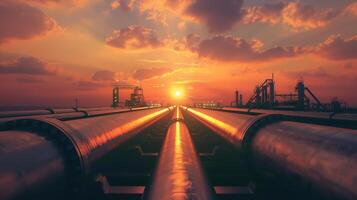 Pipeline and pipe rack of petroleum industrial plant with sunset sky background photo