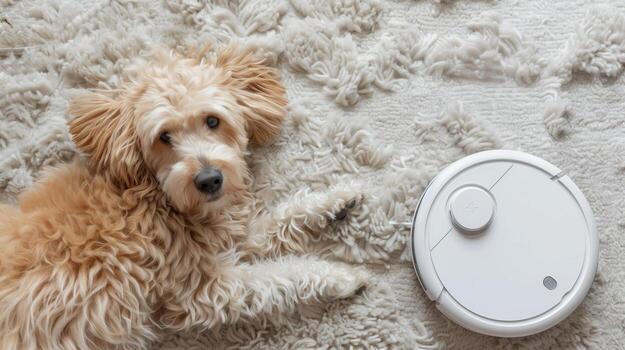 Top view at shaggy pet dog lying on carpet photo