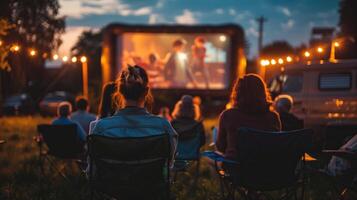 A group of people gathered together to enjoy a movie photo