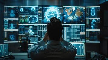 A security expert in front of multiple computer screens photo