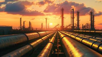 Pipeline and pipe rack of petroleum industrial plant with sunset sky background photo