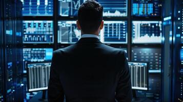 A security expert in front of multiple computer screens photo