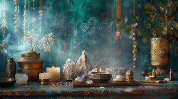 Beautiful esoteric and mystical altar for meditation photo