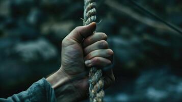 A hand gripping a rope tightly photo