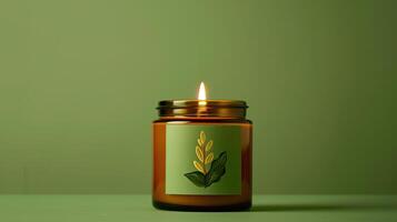An amber candle with a green sage and lemon label photo