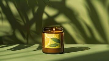 An amber candle with a green sage and lemon label photo