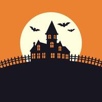 Gloomy castle against the backdrop of the moon with bats. Halloween illustration vector