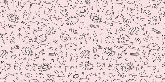 Pattern seamless background. Set doodle elements. Arrows, heart, elements for conceptual design. Speech bubble, cloud for text. vector