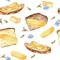 Assorted slices of bread and butter in watercolor seamless pattern isolated on white background. Sliced mixed bread spread butter hand drawn in sketch for package, wrapping paper, bakery. vector