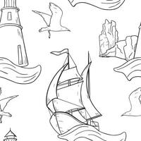 Marine graphic seamless pattern of sailing ship on wave . Nautical repeating texture of lighthouse and rocks black and white line art. Boat seagull beacon endless monochrome background. vector