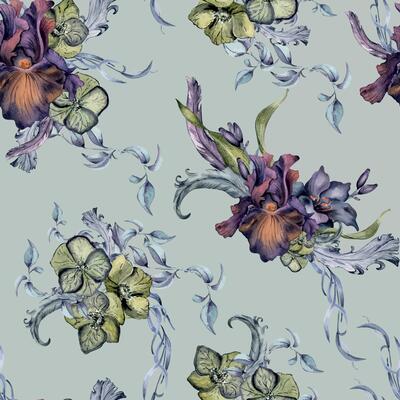 Black floral watercolor illustration and feathers isolated on blue. Gothic flowers seamless pattern drawn. Dark botanical print with lily, iris. Element for package, wedding, Valentine background.