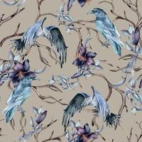 Mystical seamless pattern with watercolor crow isolated on neutral color. Autumn winter woodland with black bird. Dark forest with dry branches and botanical flowers hand drawn. For package, textile. vector