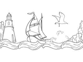 Nautical black and white seamless border of sailing ship on wave . Marine repeating texture of lighthouse and rocks graphic line art. Boat seagull beacon endless monochrome background. vector