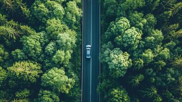 Drone shot of a car on a road and many trees around it photo