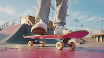 Close-up shot of skateboarder's feet on pink skateboard photo