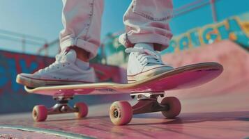 Close-up shot of skateboarder's feet on pink skateboard photo