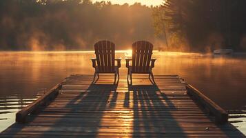 Cottage life - Sunrise on two empty Adirondack chairs photo