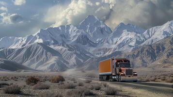 Majestic Journey. Semi Truck Roaming Amidst Mountainous Backdrop photo
