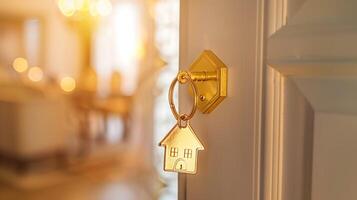 Opening door with golden house key chain on fuzzy interior photo