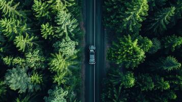 Drone shot of a car on a road and many trees around it photo