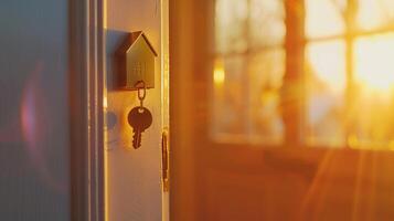 Opening door with golden house key chain on fuzzy interior photo