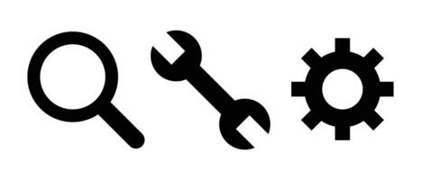 Magnifying glass, wrench and gear silhouette icon set. vector