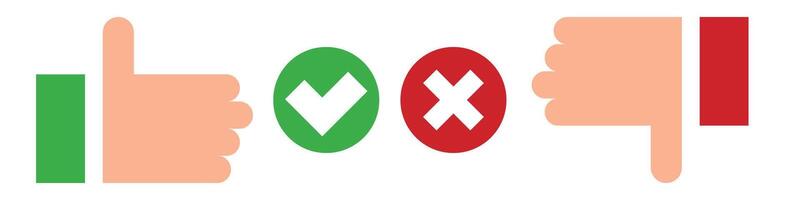 Thumbs up and thumbs down icon set. Includes check mark and cross mark. vector