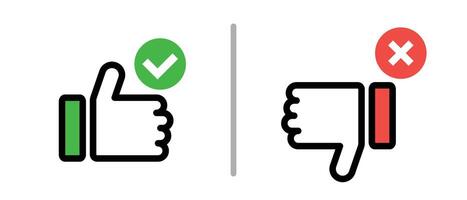 Set of thumbs up icons with a check mark and thumbs down icons with a cross mark. vector