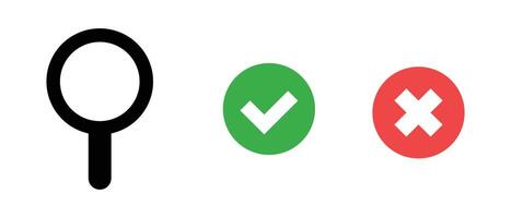 Magnifying glass, check mark and cross mark icon set. vector