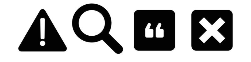 Set of silhouette icons for attention, magnifying glass, double quotation marks, and cross marks. vector